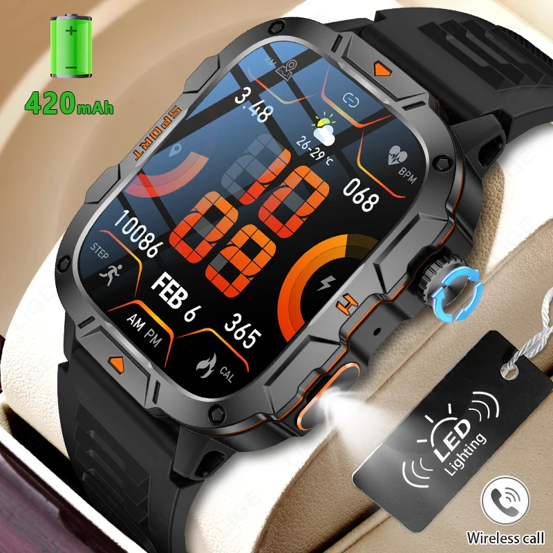 

2026 New Military Bluetooth Call Smart Watch Men 1.96" AMOLED Screen IP68 Waterproof Outdoor Sports Smartwatches LED Flashlight