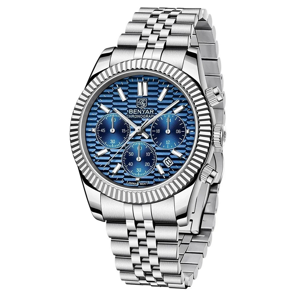 

BENYAR For Mens Watch Six Hands Japan Quartz Chronograph Wristwatch Sapphire Crystal Stainless 100m Waterproof Multifunctional 3