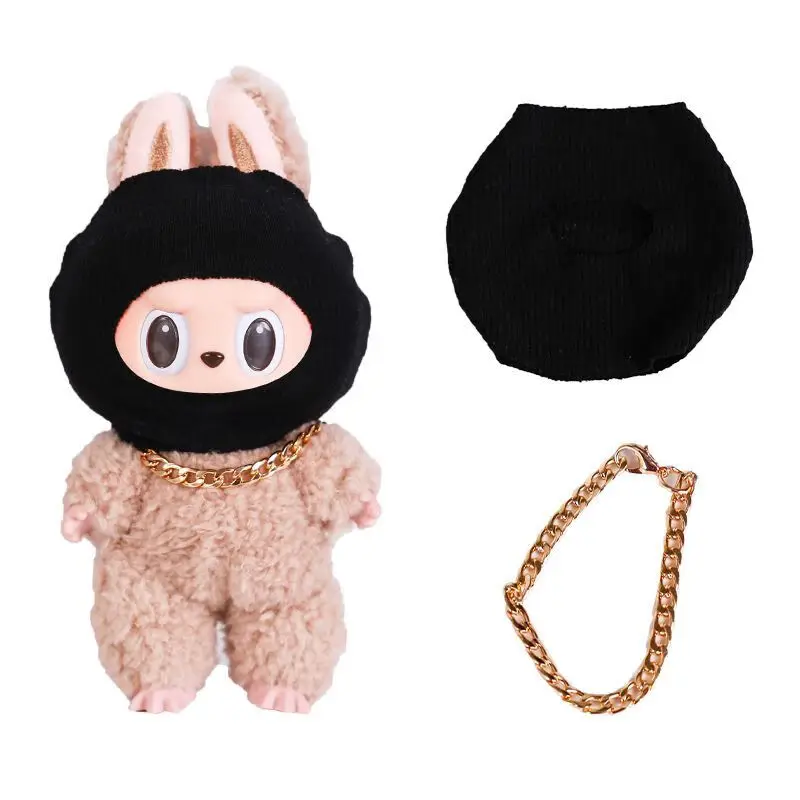 สําหรับอุปกรณ์เสื้อผ้า Labubu อินเทรนด์ Cool น่ารักสนุกและตลกสไตล์หมวกถักสีดําและสร้อยคอ Street แฟชั่นตุ๊กตาอุปกรณ์เสริม