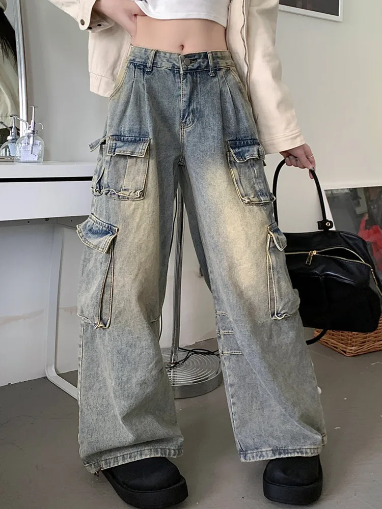 2023 Ropa y2k Grunge Clothes Washed Old Blue Baggy Cargo Jeans Pants For Women Original Wide Leg Straight Female Denim Trousers