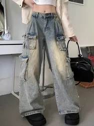 2023 Ropa y2k Grunge Clothes Washed Old Blue Baggy Cargo Jeans Pants For Women Original Wide Leg Straight Female Denim Trousers