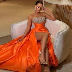 Luxury Heavy Work Evening Dresses Satin Sheath/Column Prom Dress Orange Strapless Side Split Rhinestone Pleat Party Gown Long
