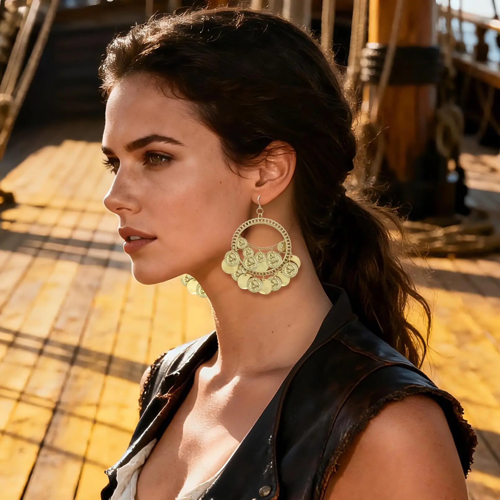 Boho Tribal Coins Hoop Dangle Earrings for Women Head Portrait Coins Disc Tassel Drop Earrings Gypsy Jewelry Statement Accessory