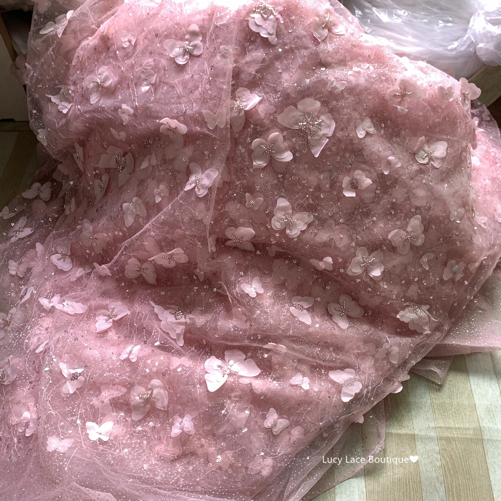Pink, Off White in Stock 2D Butterfly Embroidery Beading Tulle Mesh Lace Dress Material 2022 Hot Design
