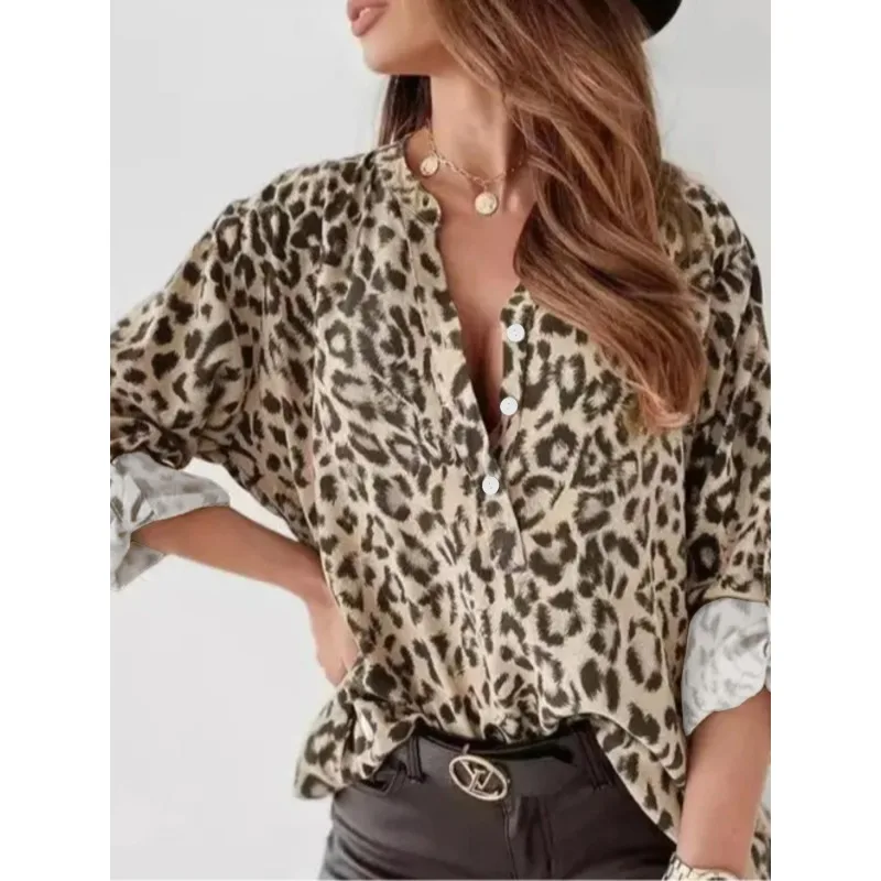 

Plus Size 1XL-5XL New Women's Leopard Print Blouse Shirt Holiday Stylish Casual Shirt Single-Breasted Button Front T-Shirts