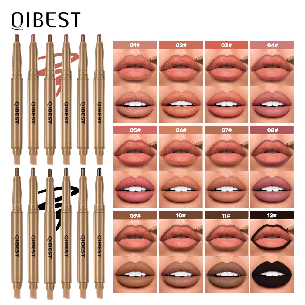Qibest delineador labial de ponta dupla e caneta pincel 2 em 1 bastão névoa fosco contorno matiz batom lápis nude preto lipliner maquiagem duradoura