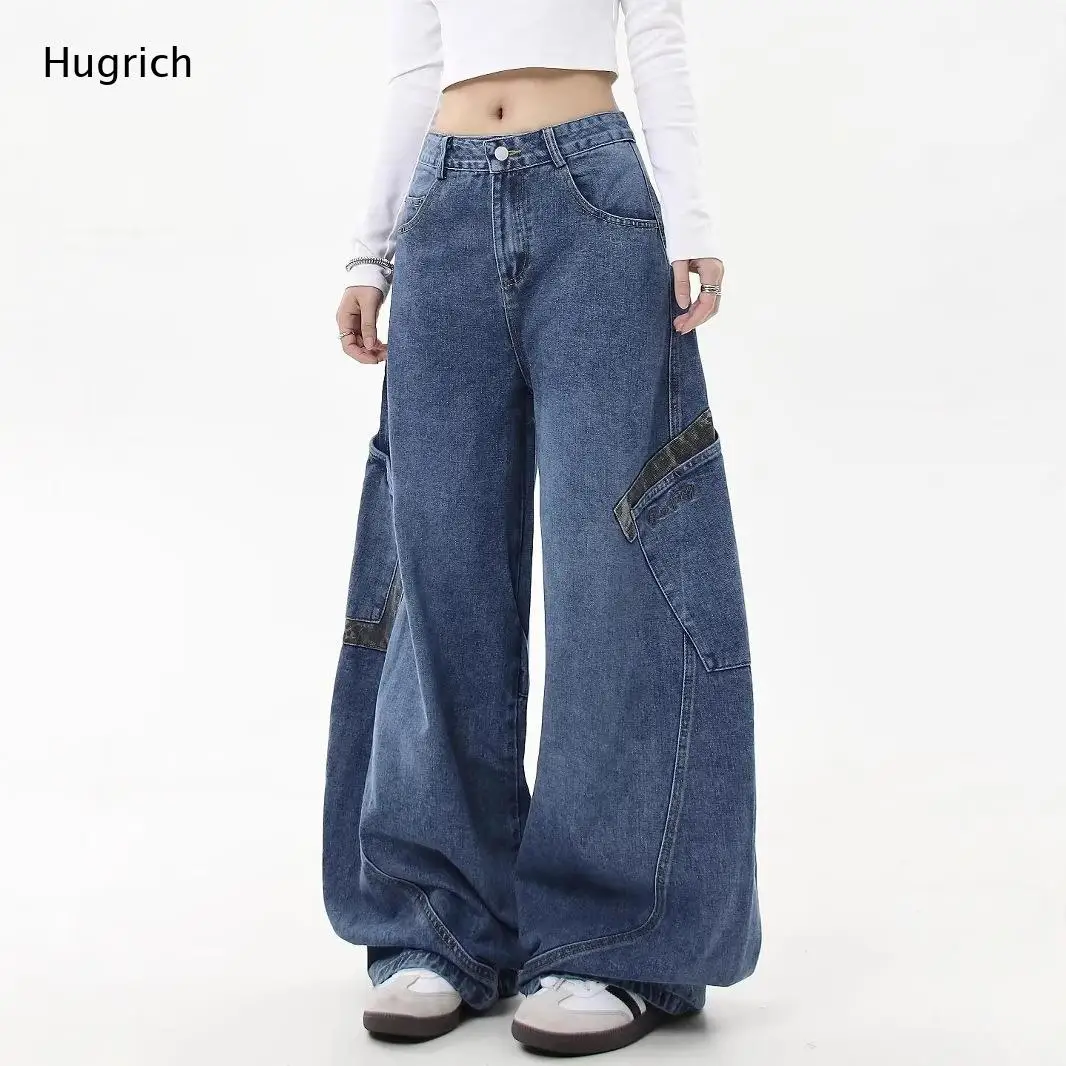 

Blue Baggy Cargo Jeans for Women with Patchwork Detail Wide Leg High Waist Denim Streetwear Pants