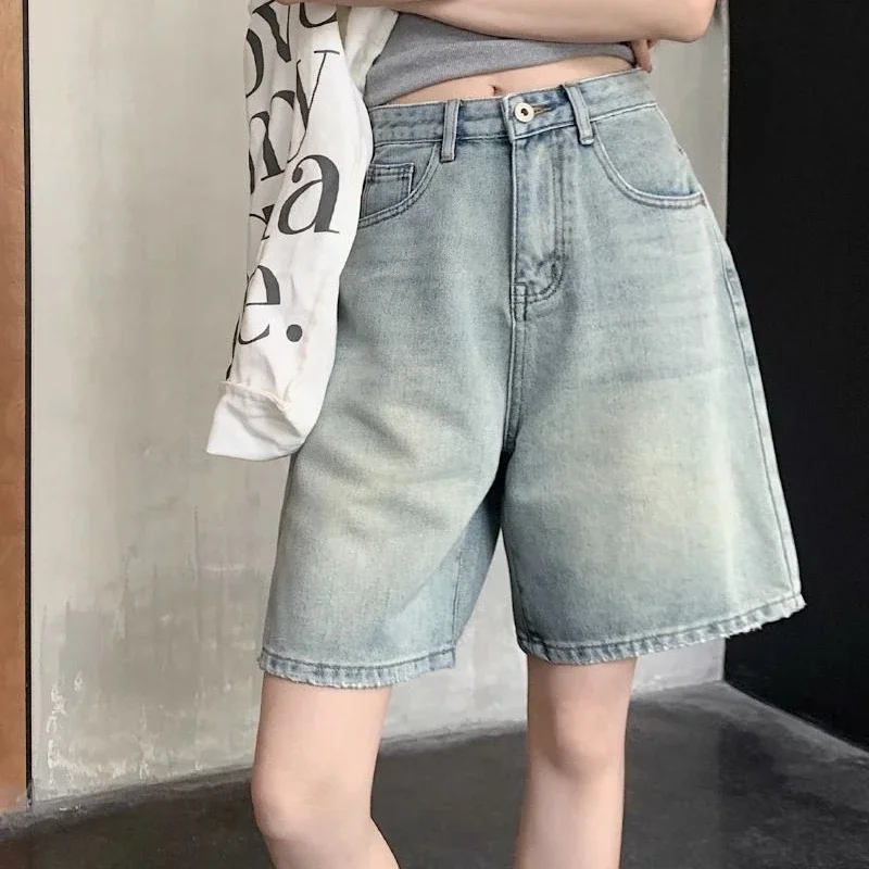 Deeptown Vintage Baggy Jorts Blue Shorts Jeans Woman Korean Fashion Wide Leg Knee Length Denim Pants Streetwear Summer Trousers