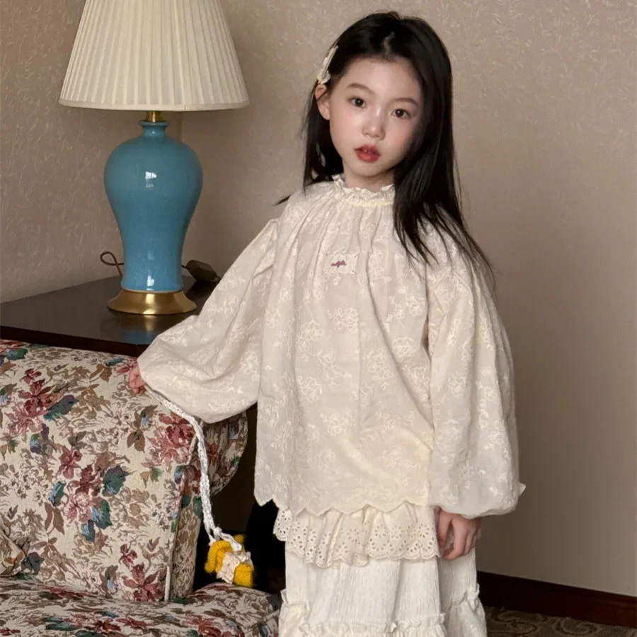 

KIDS Girls' Spring 2025 New Korean Children's Embroidered Doll Collar Long Sleeve Shirt blouse for girls