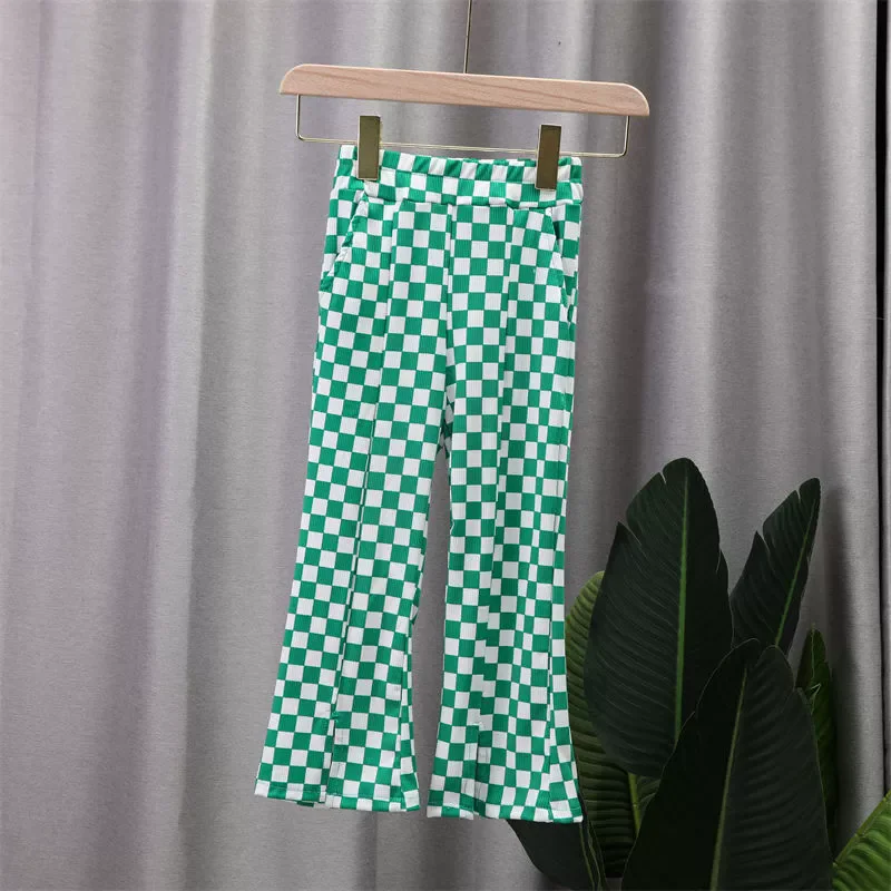 Girl's Plaid Pants Spring Summer Straight Flared Pants Kids Fashion High-Waisted Elastic Loose Trousers Teenage Casual Sportpant