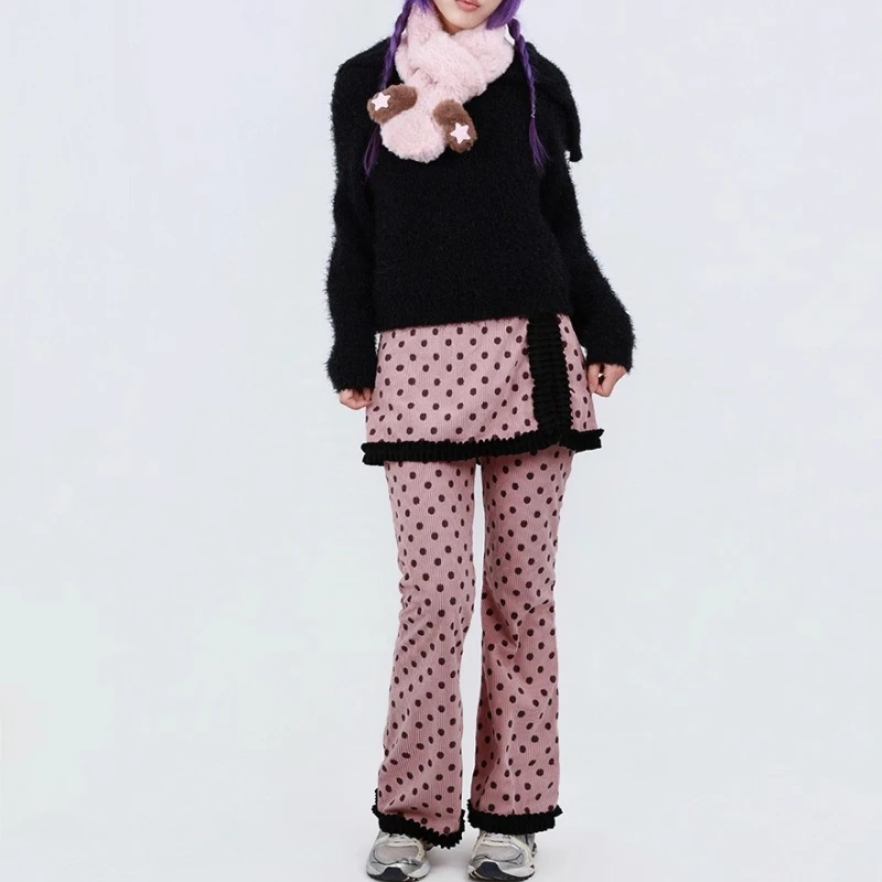 Autumn Winter New Pink Y2K Cute Polka Dot Fake Two-Piece Women's Curtain Pants Retro Design Black Lace Trim Splicing Pants Girl