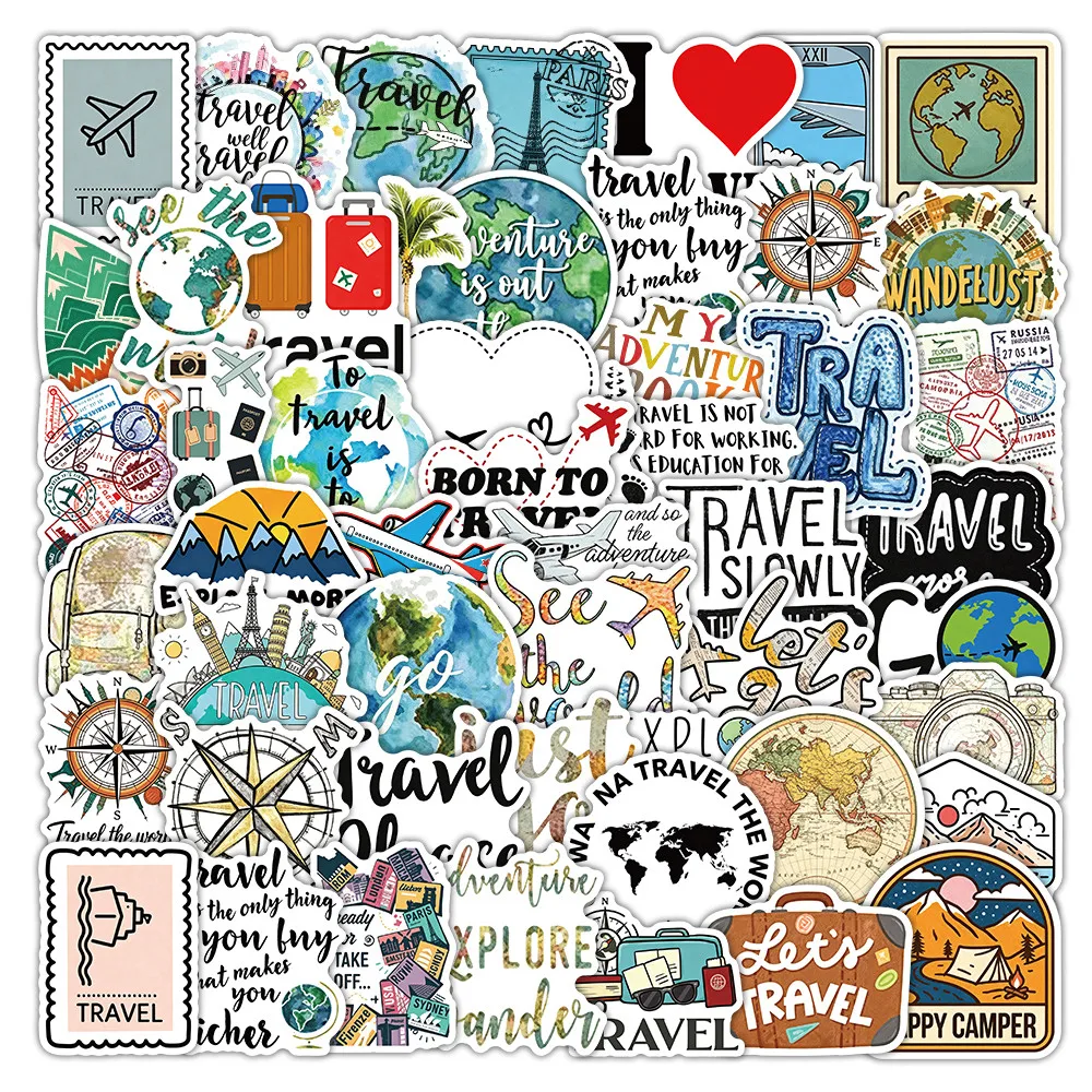 50 Pegatinas con Temática de Viajes Globales, Mapa del Mundo, Paisajes, Resistentes al Agua, para Decorar Equipaje, Tienda de Pegatinas Story