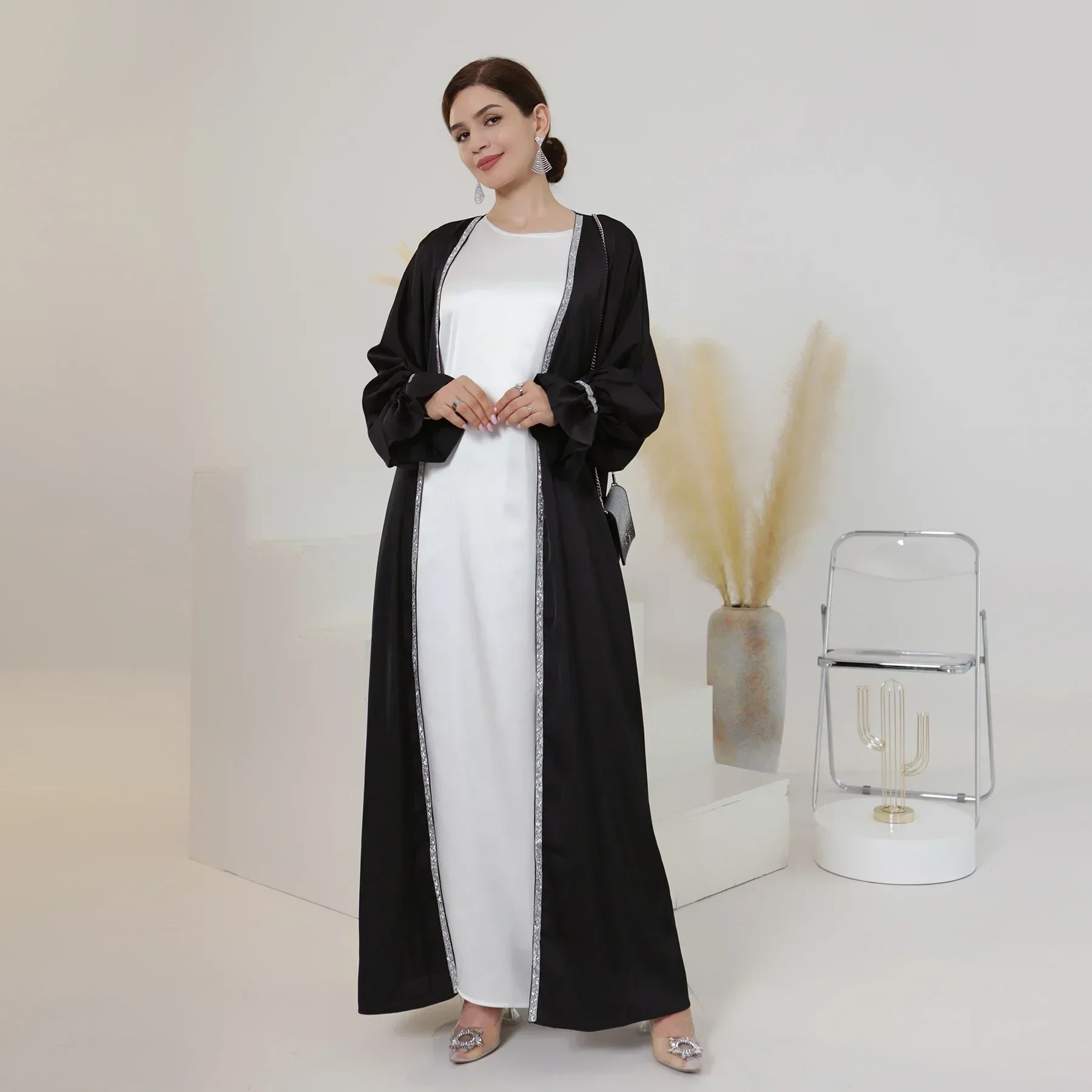 Eid Beaded Satin Abaya 2 Piece Set Open Kimono Inner Dress Plain Muslim Abayas for Women Dubai Luxury Turkey Islam Outfit Kaftan