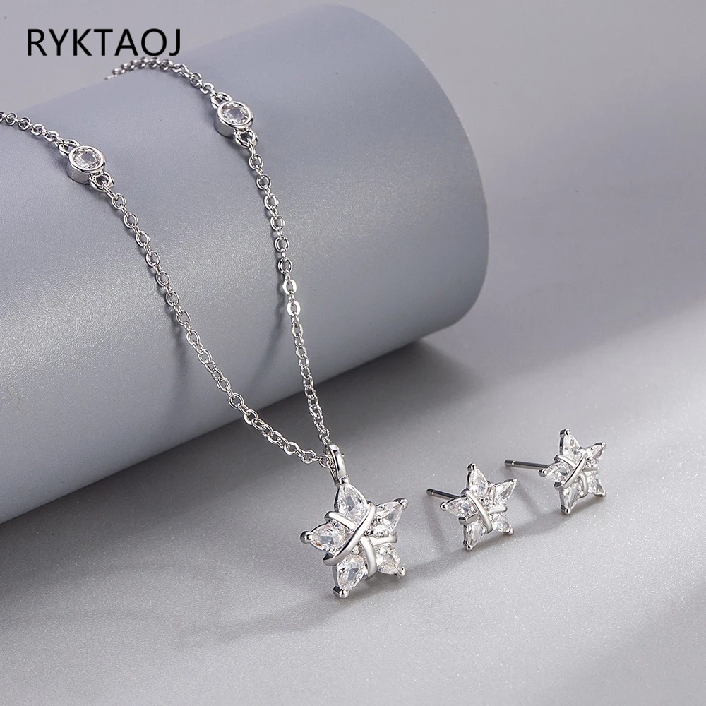 925 Sterling Silver Star Cubic Zirconia Jewelry Set for Women Shiny CZ Pendant Necklace Stud Earrings 2Pcs Wedding Party Gift