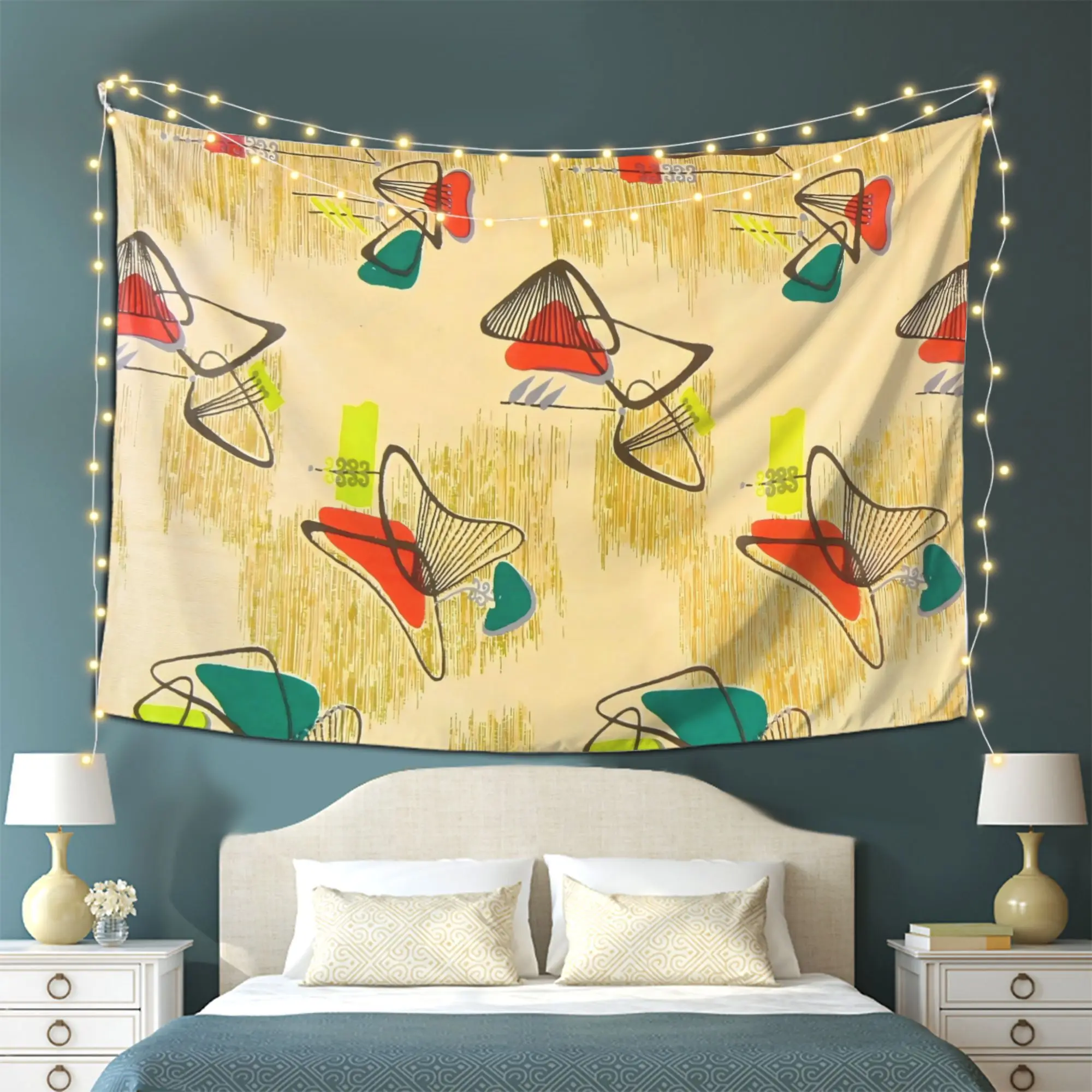 VIKAMA Retro MCM Abstract Geometric Tapestry Medieval Modern Style Red Yellow Green Line Retro Style Vintage Decor
