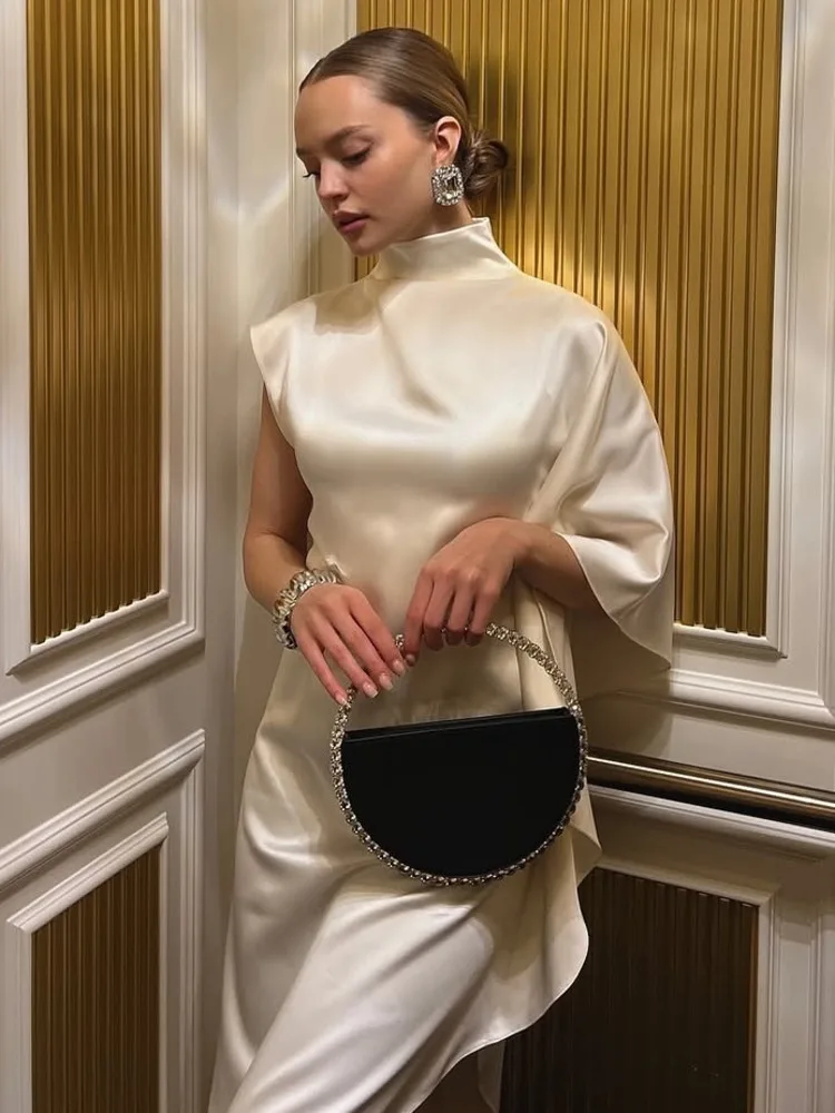 Articat エレガントな半袖サテンボディコン不規則なパーティークラブイブニングドレスの女性のファッションスリムラウンドネック無地ロングドレス