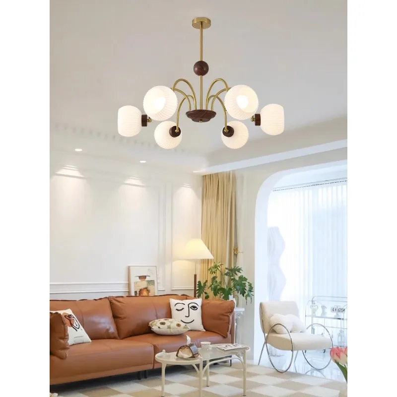 French vintage glass ball chandelier Bauhaus walnut wood color living room light 2022 new light luxury bedroom lamp