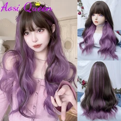 AOSI Long Body Wave Highlights Purple Cosplay Wigs Heat Resistant Synthetic Wigs With Bangs Natural Lolita Wigs For Women