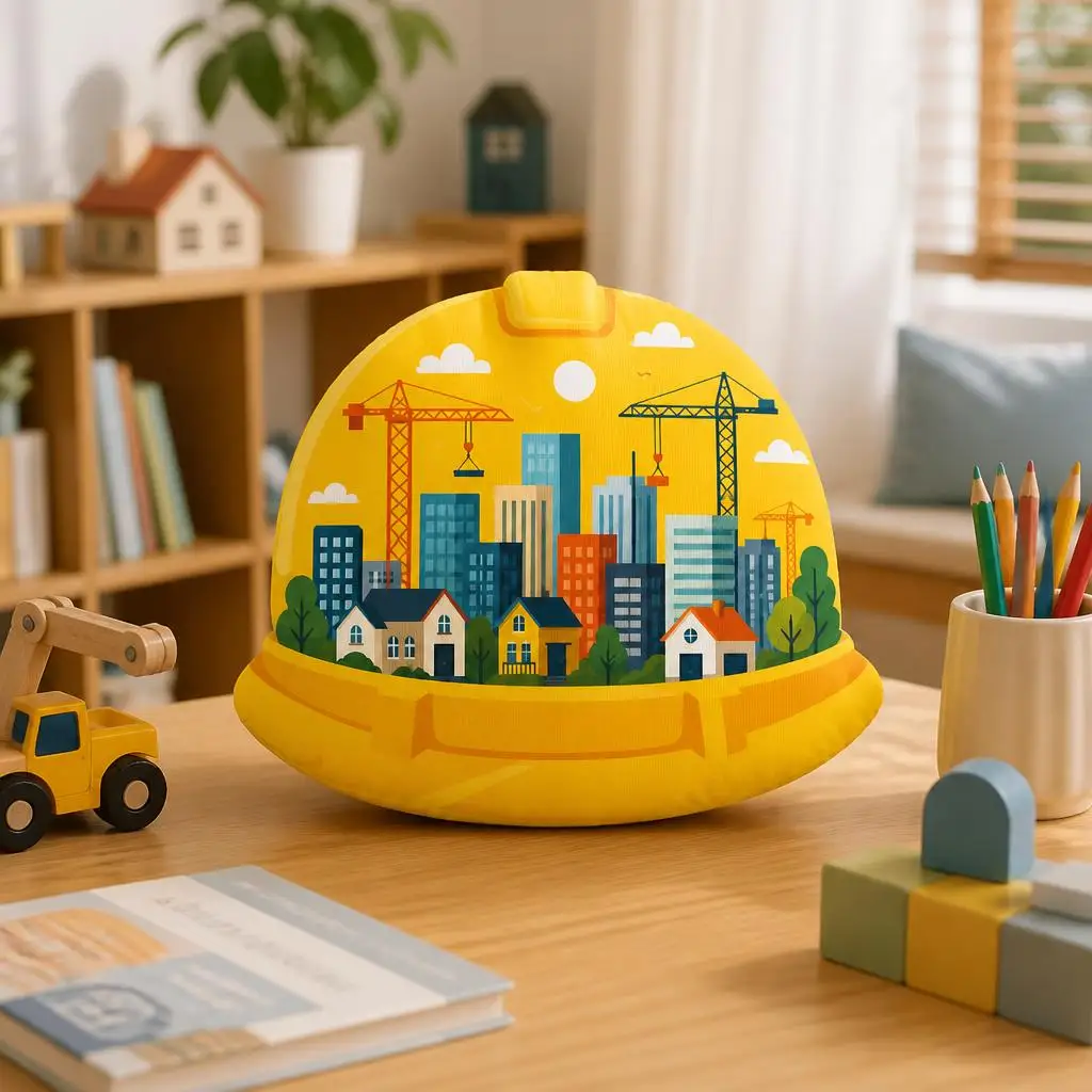 Construction Hard Hat Plush Pillow Builder Gift City Skyline Cushion Stuffed Shaped Throw Pillow New Home Decor Floor Cushion