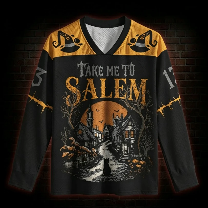 Take me to Salem patterned long sleeved T-shirt suitable for both men and women for Halloween, V-neck loose streetwear