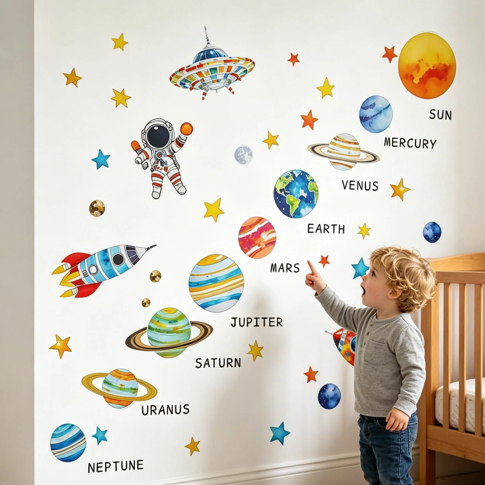 Decoración de Pared con Diseño de Cohete de Astronauta y Cielo Estrellado, con Fondo de Nueve Planetas, Removible para Habitación Infantil o Sala de Estar