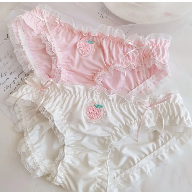 Kobiety śliczne majtki truskawkowe słodkie falbany figi z falbanką komfort satynowa kreskówka brzoskwiniowa bielizna dziewczyna bielizna Kawaii