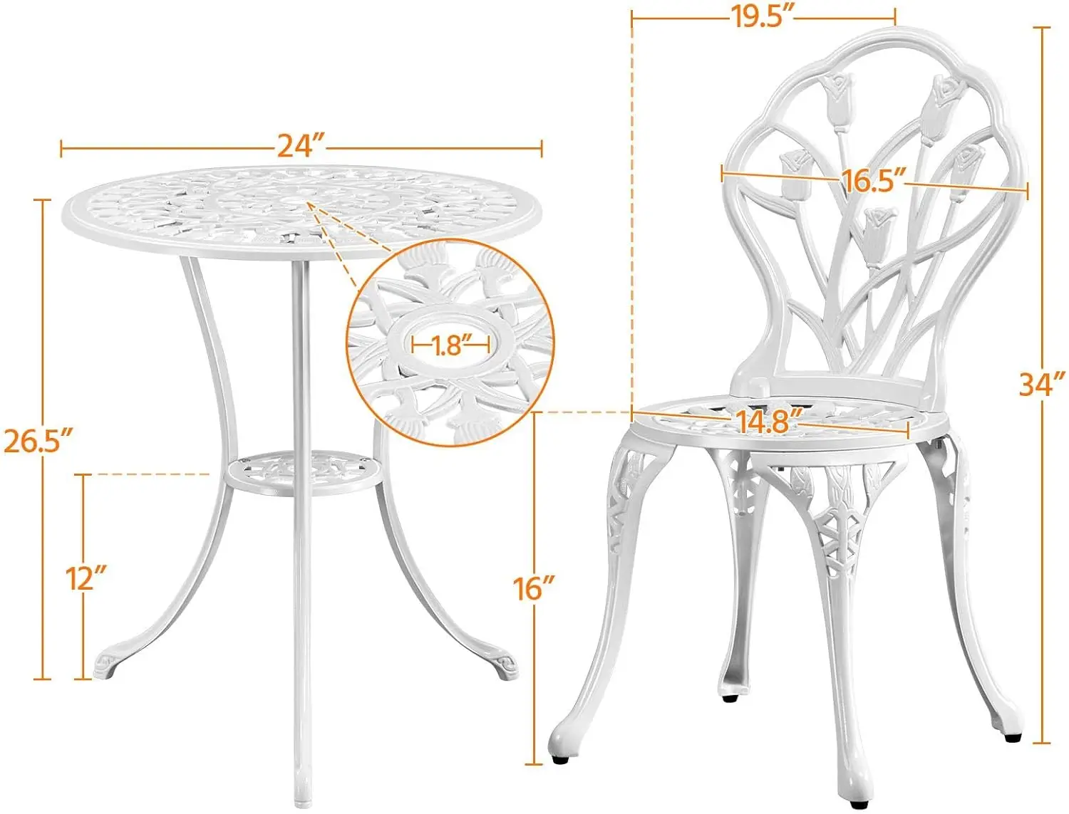 Ensembles de bistrot 3 pièces, table et chaises de jardin en fonte d'aluminium antirouille pour l'extérieur