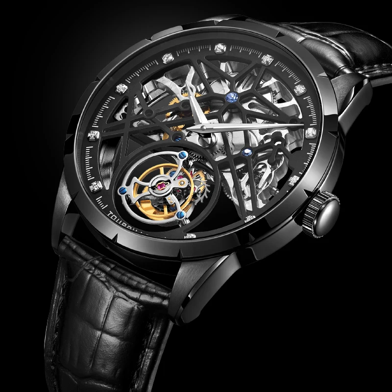 AESOP Flying Tourbillon Mechanical Wristwatches Male Rotary Hollow Skeleton Watches for Men Luxury Waterproof Clocks Black 2023