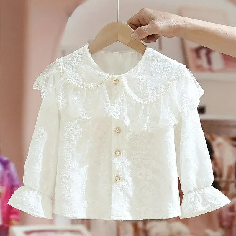 

Children Kids Clothes Fashion Tops Summer Spring Baby Lace Shirt for Girls Shirts Doll Collar Long Sleeve Korean Costume