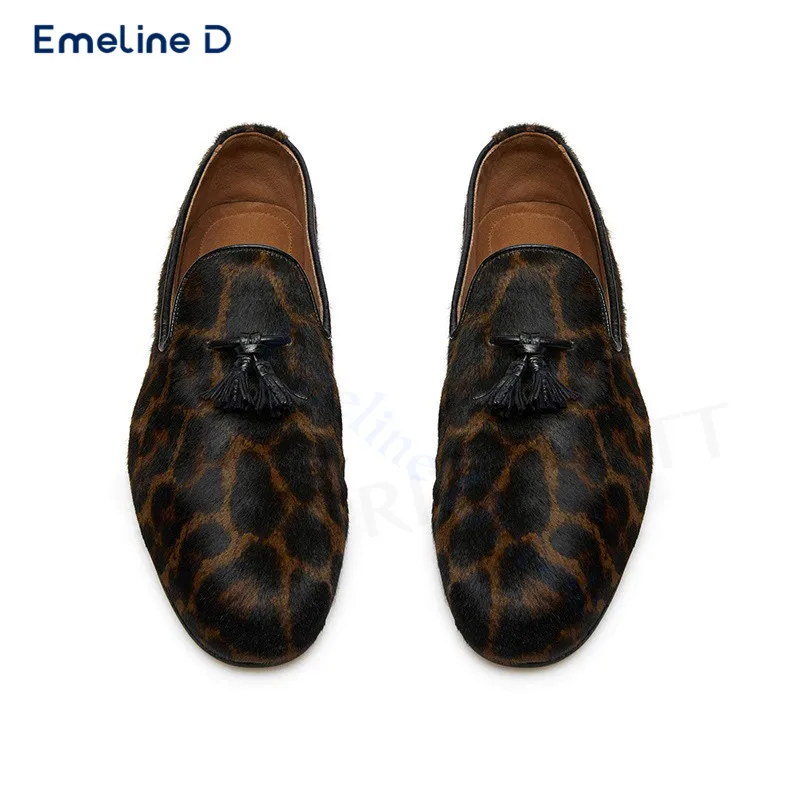 Fashion Leopard Print Slip-On Loafers with Black Tassels for Men Comfortable Casual Shoes with Large Size Chunky Heels