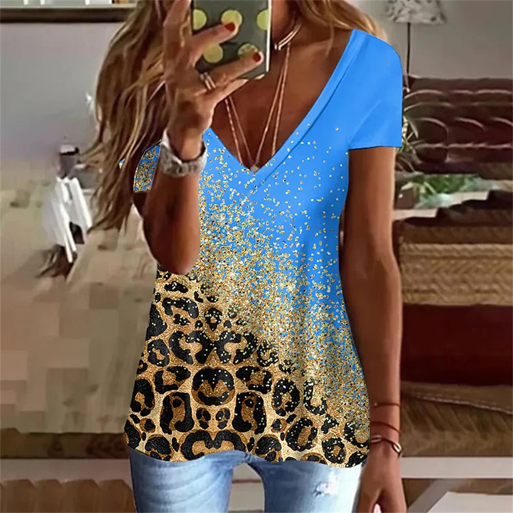 

Fashion Leopard 3D Print T-Shirt Women Y2k Tops Streetwear Loose Harajuku Short Sleeve T Shirts V-Neck Tees Oversized Clothing