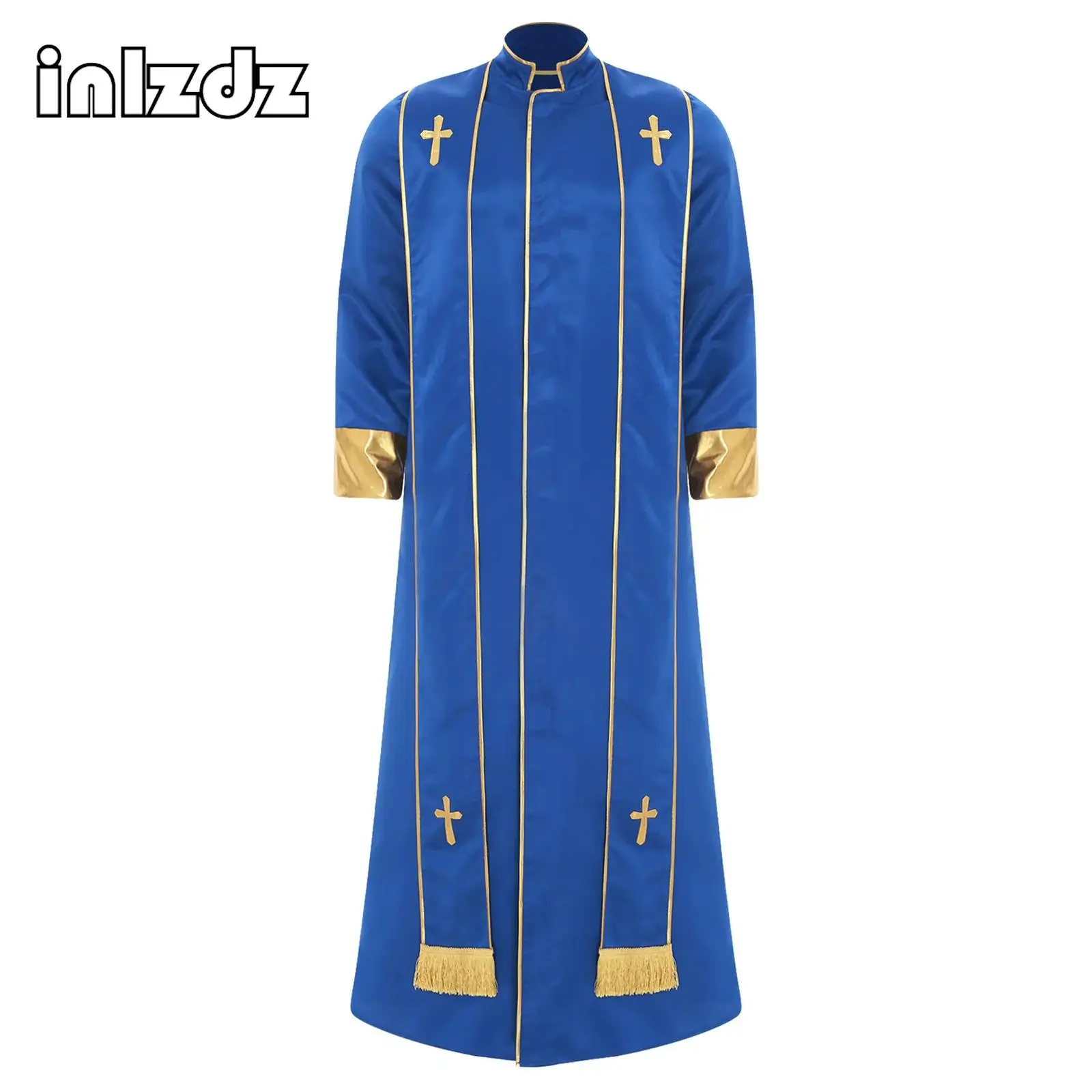 

Mens Priest Robe Stole Stand Collar Long Sleeve Front Zip Gold Cross Cassock Vestments for Catholic Priest Halloween Cosplay