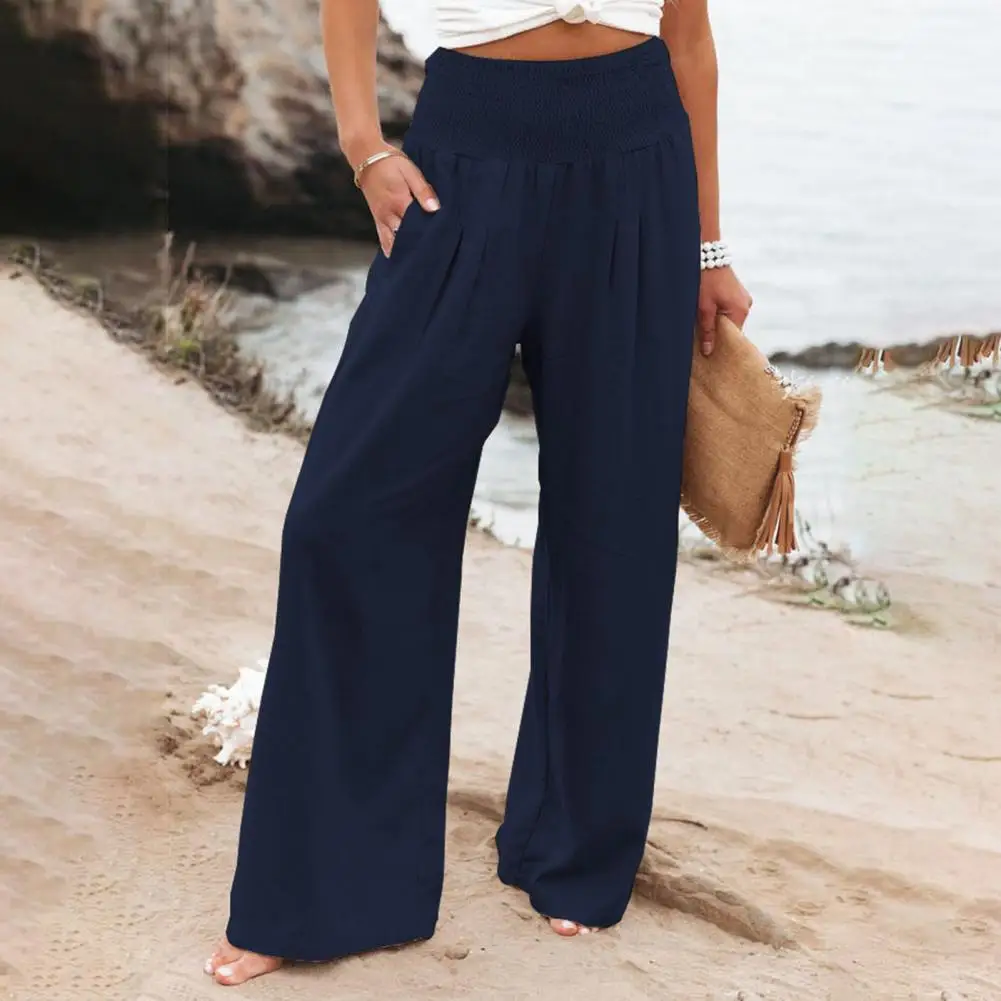 Women Pants Solid Color Pocket Summer Loose Straight Leg Trousers Loose Wide Leg All Match Women Beach Pants Casual Baggay Pants