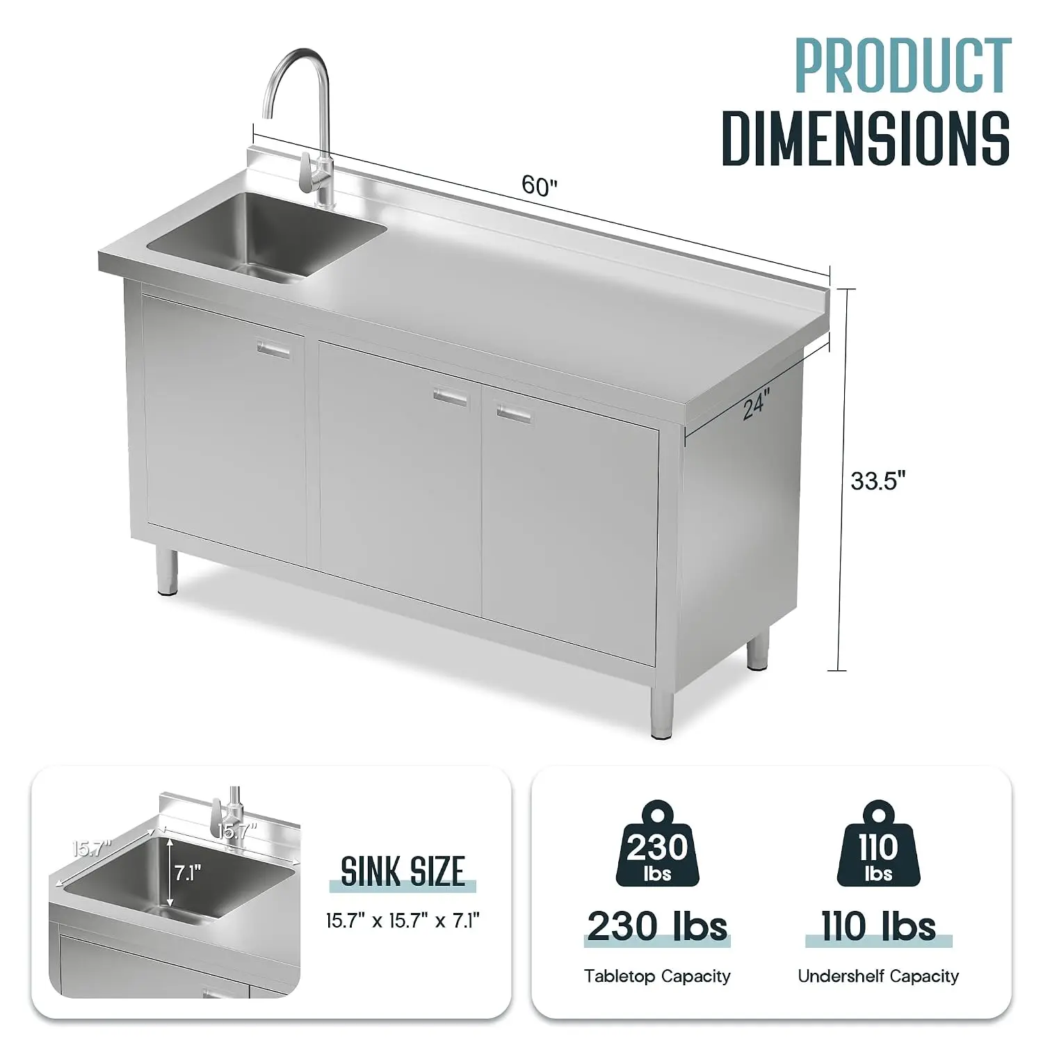 60 x 24 x 33.5 Inch Stainless Steel Utility Sink, Utility Sink Workstation with 360° Hot & Cold Faucet, Large Storage Cabinet