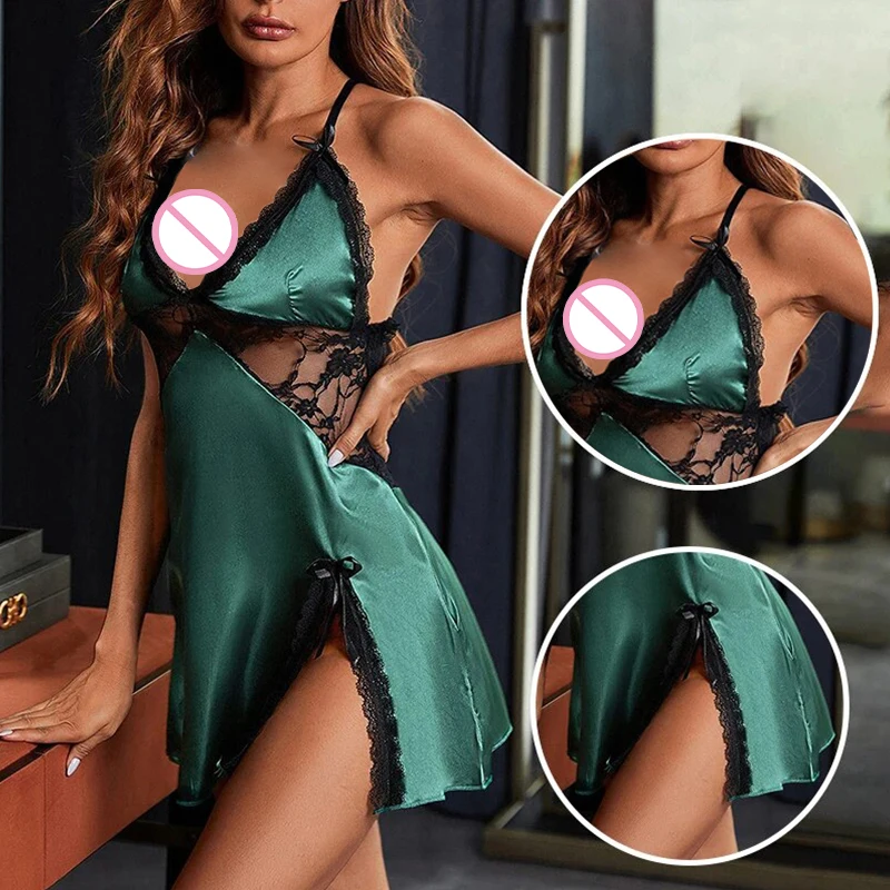 

Новое модное женское зеленое атласное платье с лоскутным кружевом на подтяжках, короткая юбка, кружевное женское сексуальное платье с разрезом, пижамы