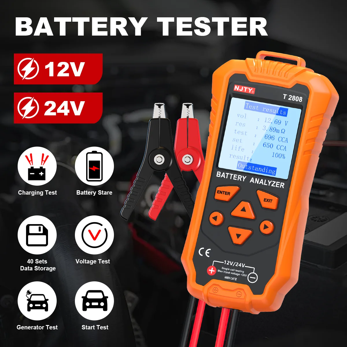 NJTY T2808 Car Motorcycle Battery Tester 12V 24V Auto Battery Analyzer 100 to 1700 CCA Start & Generator Voltage Load Test