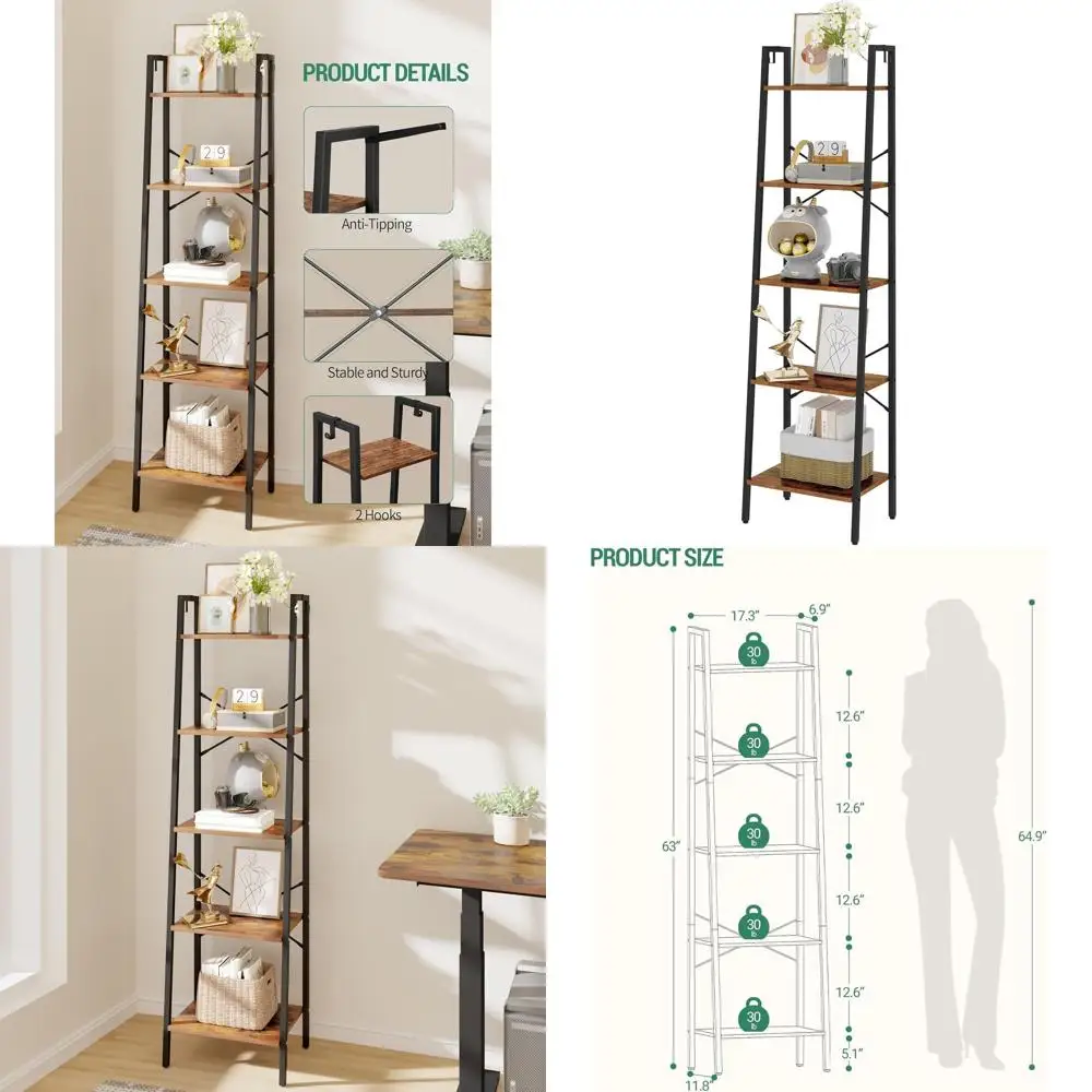 

Угловая книжная полка в деревенском стиле, коричневая, с крючками, 11.8x17.3x63, для дома, офиса и кухни