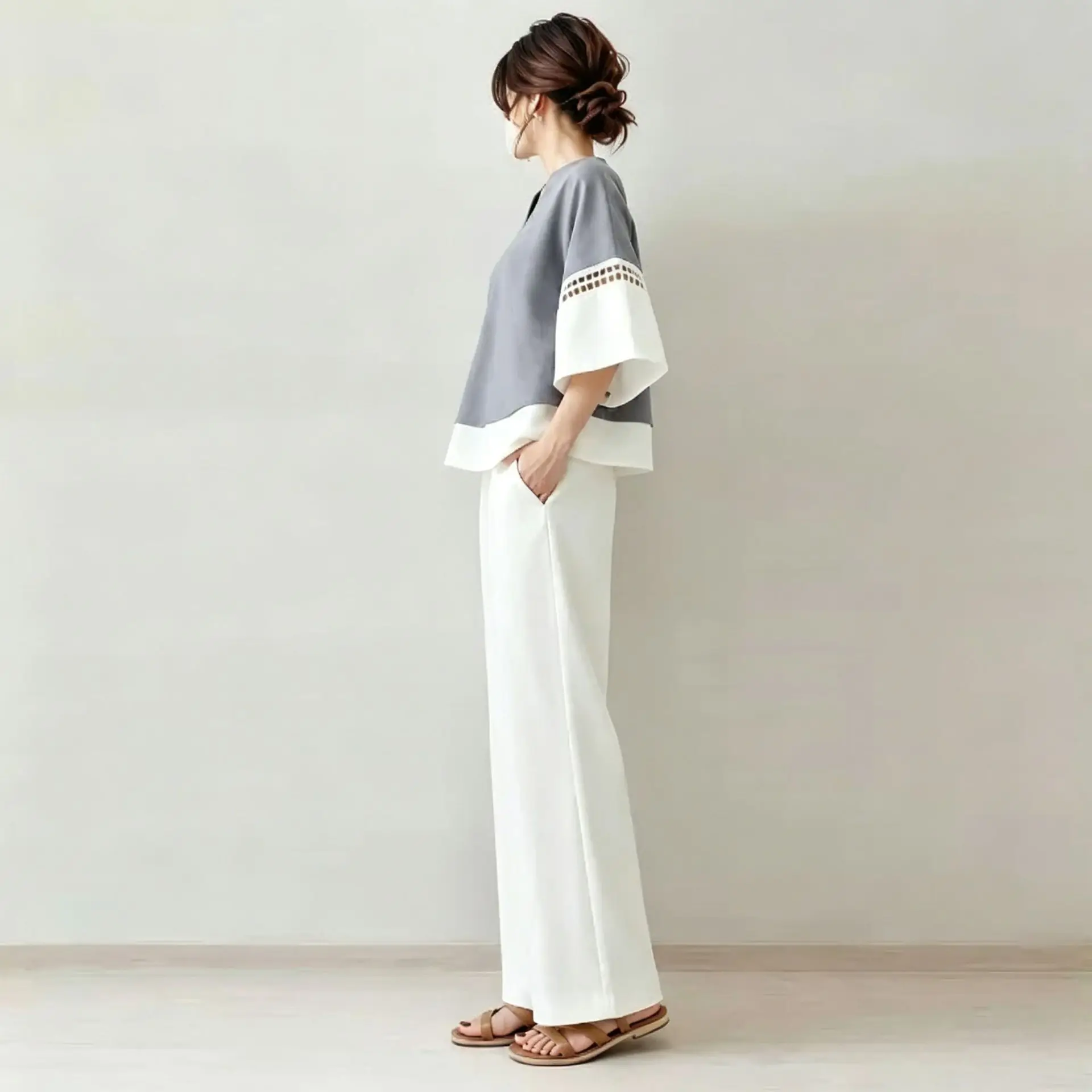 2026 New Two-piece Set: V-neck Color-block Hollow Out 5/4 Sleeve Top And Wide-leg Trousers Birthday Dress Midi Robe Vestidos - view 3