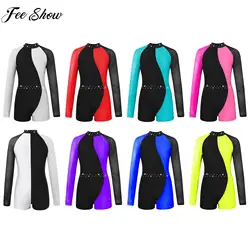Kids Girls Long Sleeve Sheer Mesh Rhinestones Ballet Dance Leotard Figure Skating Gymnastics Acrobatics Yoga Sports Bodysuit