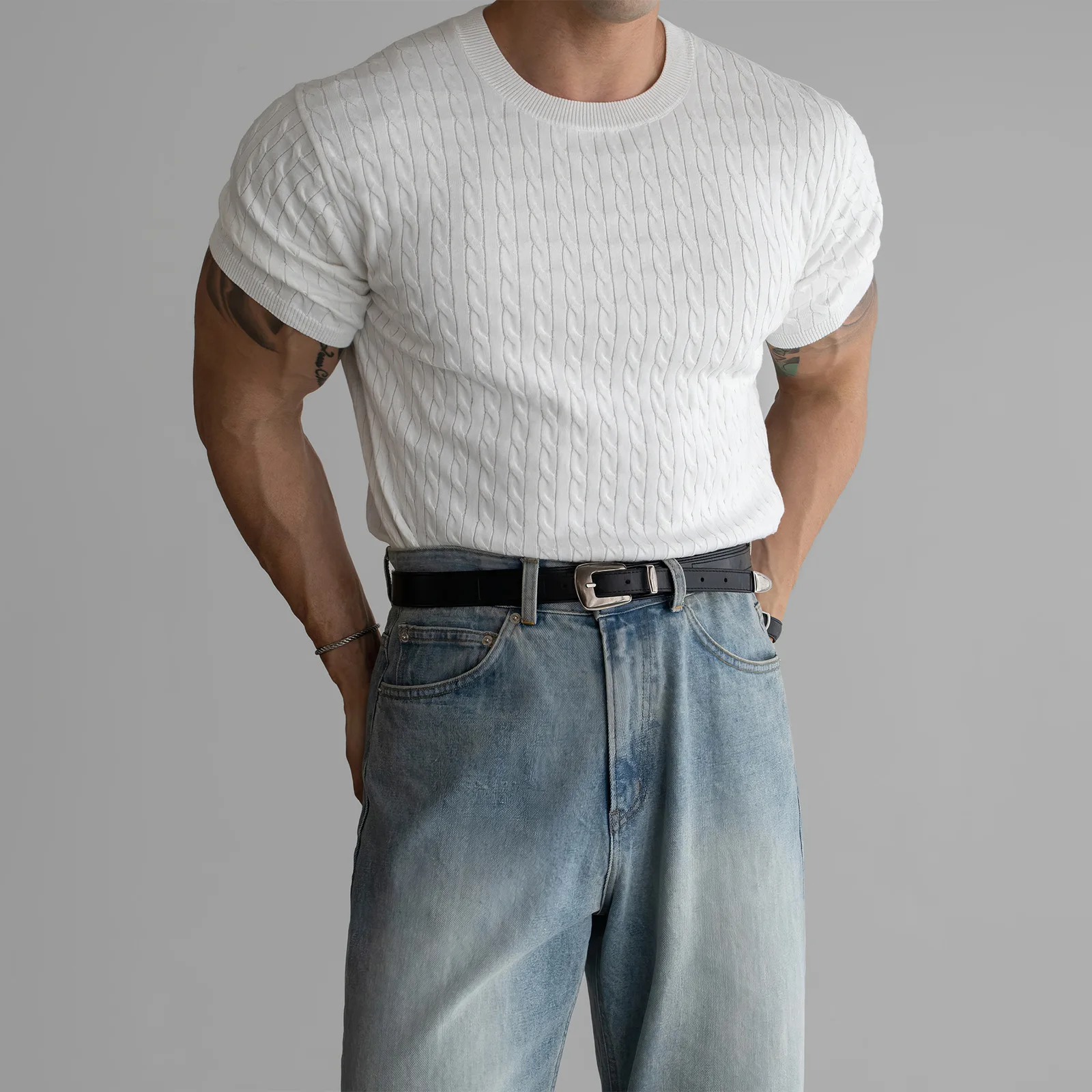 

ort Sve вязаный ледяной шелк Busin повседневный топ для мужчин круглый Ne Slim Fit с текстурой мышц Briti Sle летний топ