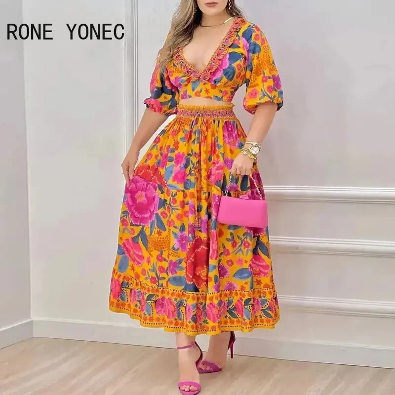 Women Outfit 2023 Y2K Floral Print Puff Sleeve Crop Top & Skirt Set Women Two pieces Sets