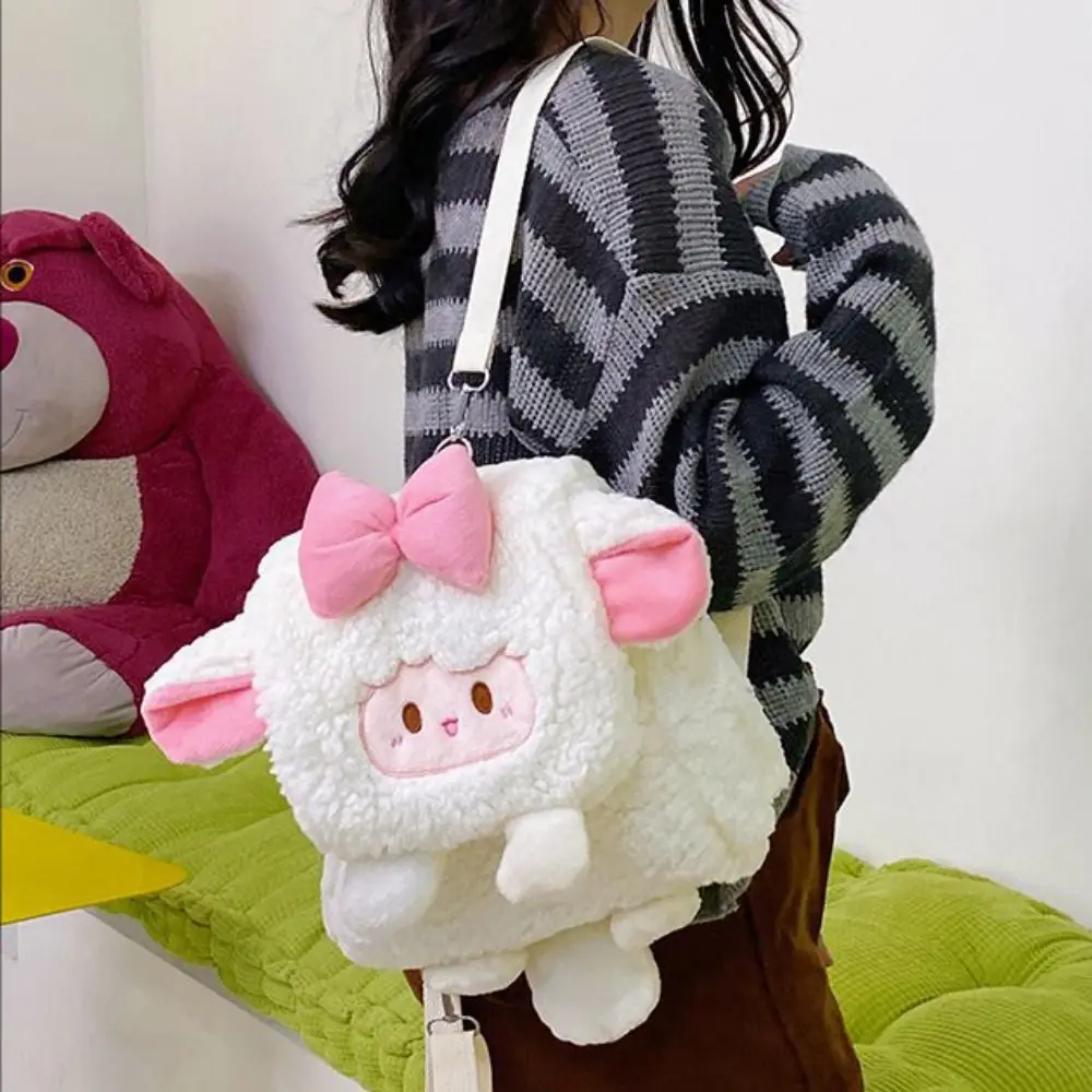 Casual Fluffy Cute Sheep Bag Bow Heart Plush Sheep Backpack Creative Animal Students