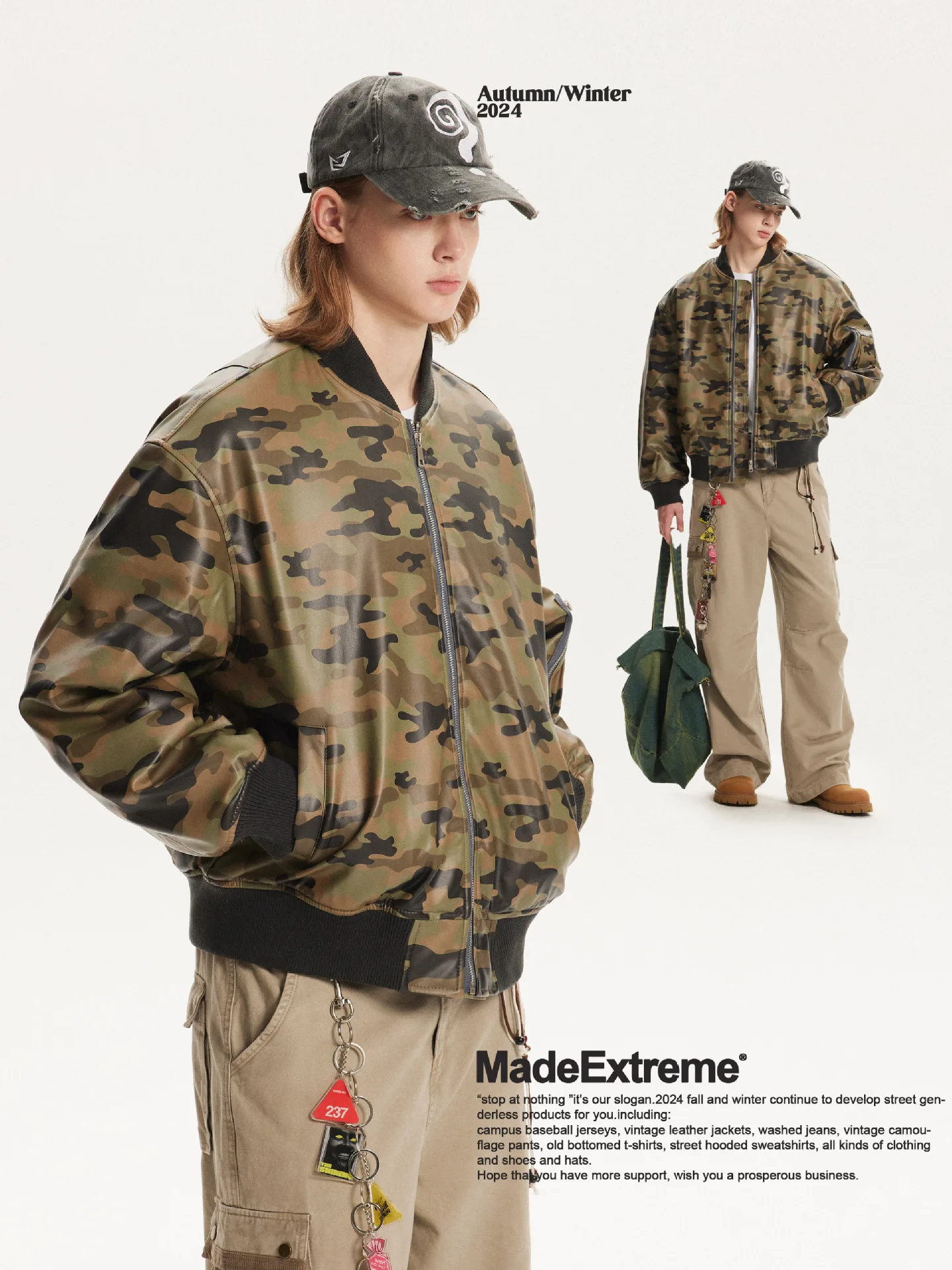 MADE EXTREME Camouflage PU Leather Padded Jacket Hip Hop Parkas Hombre 2024 Y2k Varsity Jacket