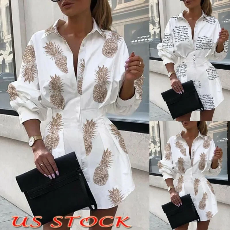 Women's Dress Long-sleeved Pineapple Shirt Dress Letter Print Mini Ladies Dresses Ladies Summer Outerwear Fashion Petticoat 2022