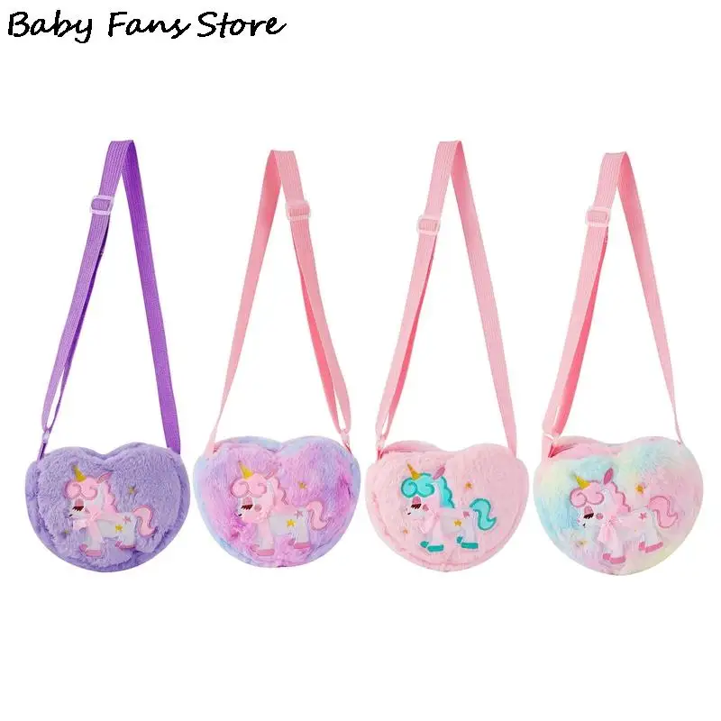 Children Unicorn Handbags Winter Crossbody Bags Princess Plush Shoulder Purse Mini Cute Heart Shape Bag Fashion Party Totes Kids