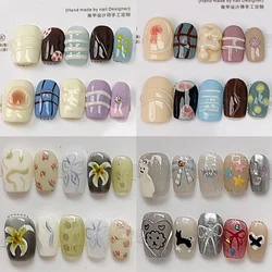 10Pcs Cute Cartoon Handmade Kawaii Press On Nails Hand-Painted Dog Bow Flowers Short Round Sweet Cool Full Cover Fake Nails Art