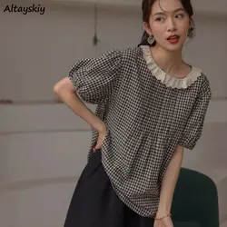 Plaid Shirts Women Vintage Casual Summer Harajuku Kawaii Korean Style Fashion Literary Gentle Streetwear O-neck All-match Loose