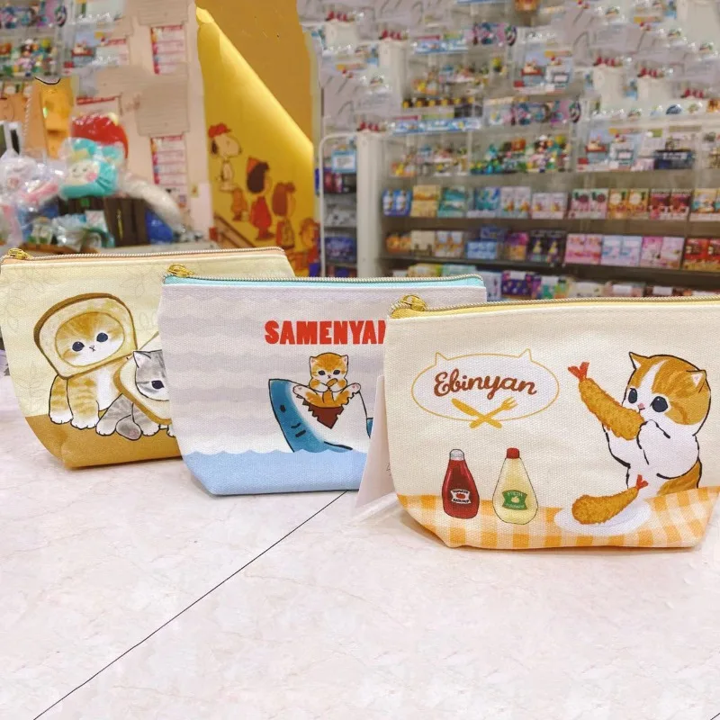 

Mofusand Cartoon Cosmetic Bag with Double-Sided Pattern Tempura Shrimp Cat Design Canvas Clutch Makeup Pouch for Daily Storage