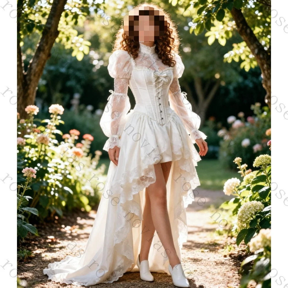 Customized Elegant High Collar Fluffy Long Sleeves Front High Back Low Skirt Wedding Dress 2026 Lace Tight Corset Bridal Gown