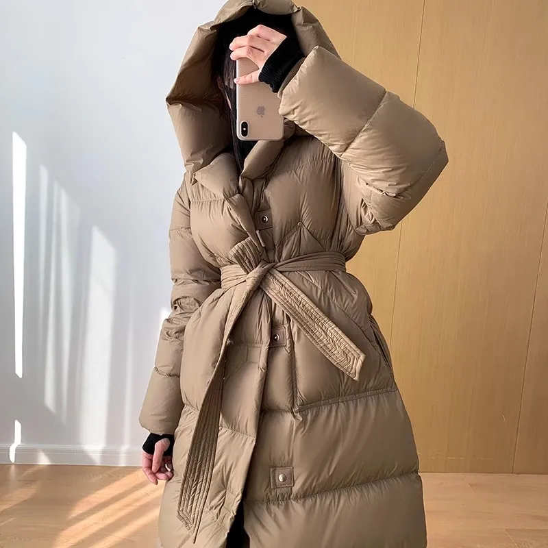 

Winter New White duck down Jacket Women's Fashion Luxury Slim Matching Belt Long Down Coat Female Thicken Hooded Parkas Overcoat